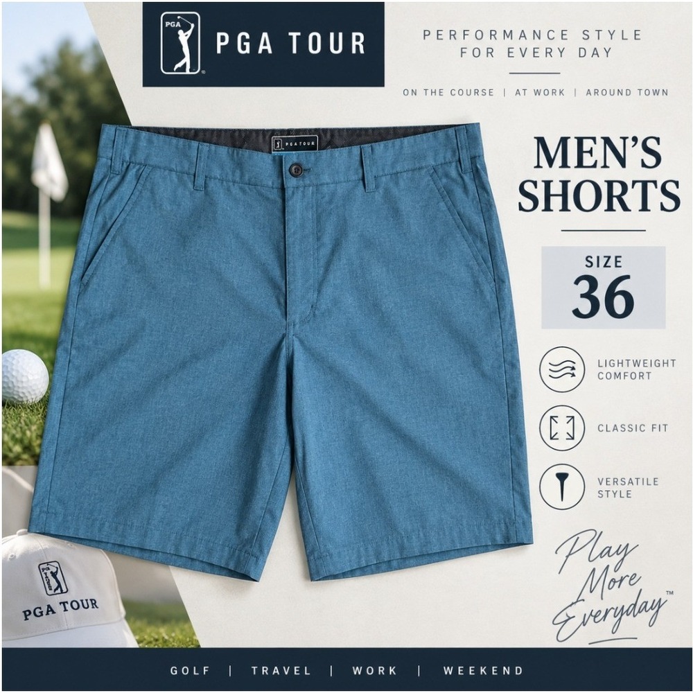 PGA Tour Men's Golf Shorts Size 36 Blue Heather Flat Front Performance Casual